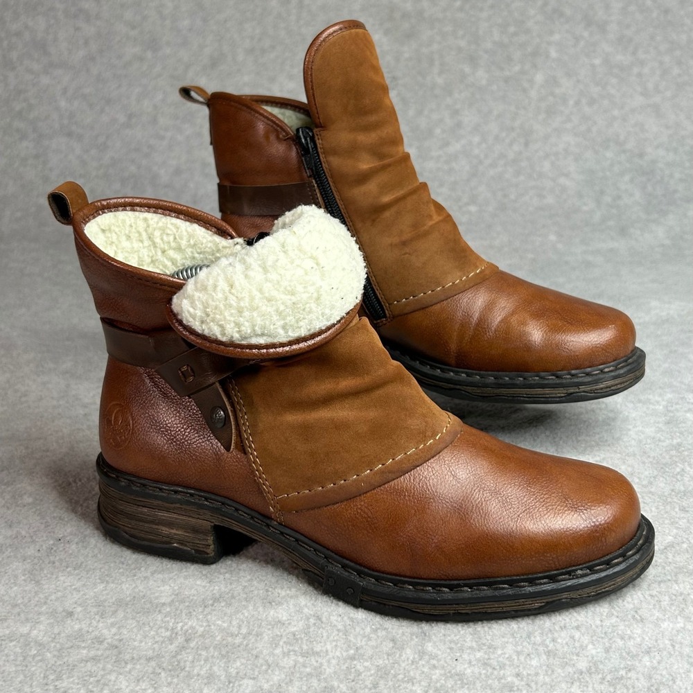 Rieker Brown Leather Ankle Boots Euro womens 8.5 Side Zip Faux Fur Lined Western